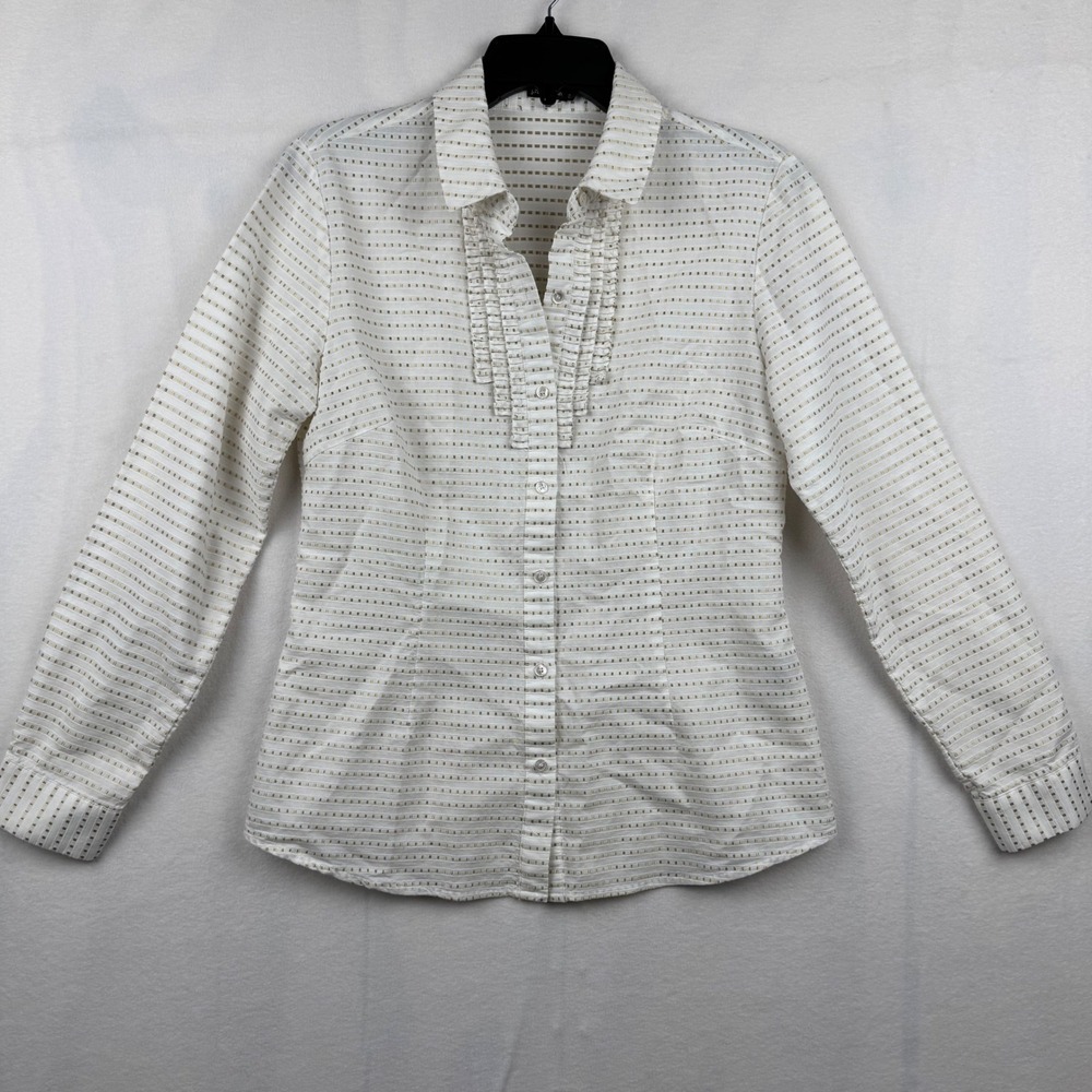 J.McLaughlin Women's White Gold Metallic Stripe‎ Ruffle Button Down Shirt 6